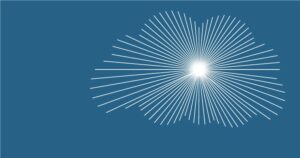 Graphic showing a cloud on blue background with stylised sunburst behind