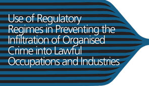Cover image of regulatory regimes report has design of a funnel on a striped background