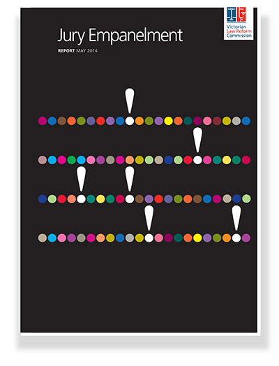 Cover of the Juiry Empanelment report shows a design of multicoloured dots denoting jurors and exclamation marks denoting challenges on a black background