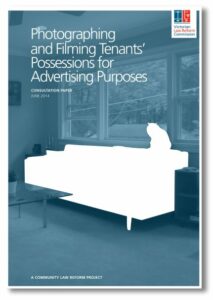 Cover image of Photographing and Filming Tenants Possessions for Advertising Purposes shows a rented room with a cut out sofa and a cat